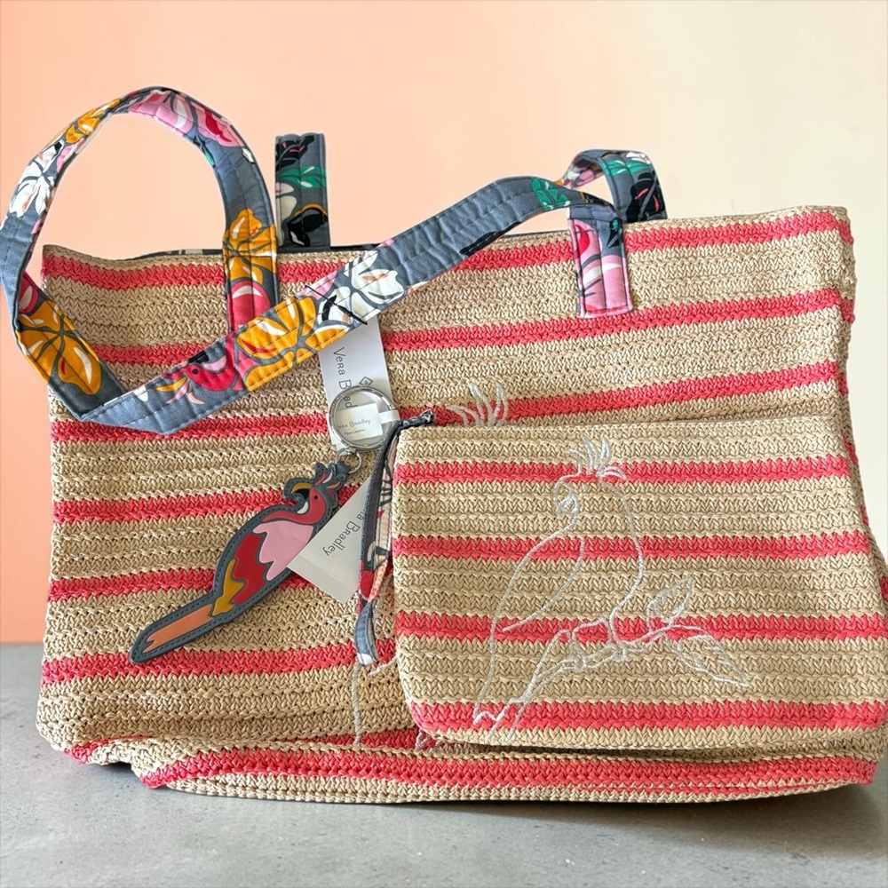 Vera Bradley Straw Tote Bag, Zippered Pouch, Parrot Keychain Charm NWT!